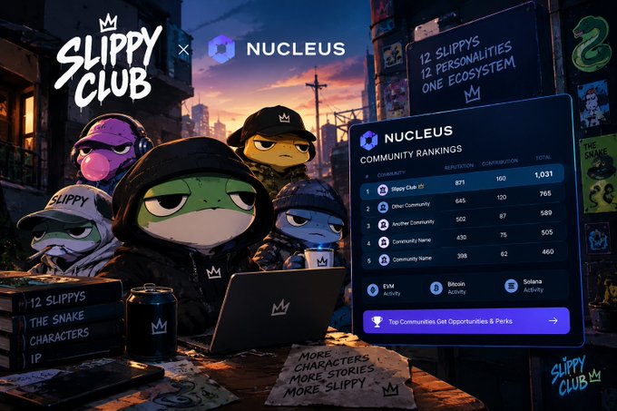 A promotional graphic for 'SLIPPY CLUB x NUCLEUS' shows cartoon frog characters with text reading '12 SLIPPYS, 12 PERSONALITIES, ONE ECOSYSTEM' alongside a community rankings dashboard.
