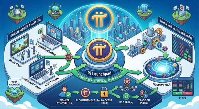 A colorful infographic illustrating the Pi Launchpad ecosystem, showing connections between e-commerce apps, gaming, utility apps, web3 adoption, token holders, liquidity pools, and Pi DEX trading with a custom token allocation process.