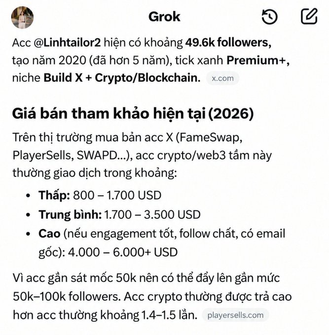 A Grok AI response in Vietnamese discussing the sale price of an X/Twitter account @Linhtailor2, noting it has approximately 49.6k followers, Premium+ status, and is in the Build X + Crypto/Blockchain niche, with reference prices ranging from $800-$6,000+ depending on engagement.