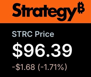 The image shows a black background with text that reads "STRC Price" at the top left corner, followed by an orange border with the text "Strategy Bitcoin" above it. Below this, there's a dollar sign and a price of $96.39 for Strc trading. The post seems to be promoting some sort of strategy or investment related to Bitcoin, possibly highlighting its current volatility and potential for attracting more capital if it continues down in price.
