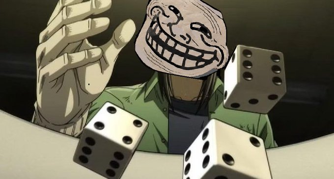 A stylized illustration shows a troll-faced character with an exaggerated grin throwing dice, visually playing on the phrase "on a roll" as the Troll meme character tosses dice in mid-air. The image cleverly uses the $Troll ticker reference with the chaotic dice-roll imagery to convey the trolling "luck" or momentum referenced in the post.