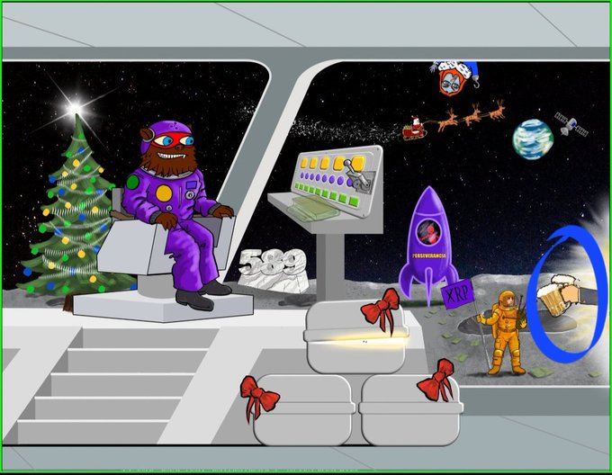 The image is a cartoon-style illustration showing a brown bear dressed as an astronaut sitting in a spaceship command center decorated for the holidays, with a Christmas tree, a labeled "FedExbearca" rocket, presents, and Santa's sleigh flying past Earth visible through the window.

The post appears to be a daily observances meme noting Batman Day, Oktoberfest, and the XRP cryptocurrency, while the image humorously depicts a "bear" (a play on "bear market") at mission control for FedEx—possibly alluding to cryptocurrency market activity with XRP—set against a festive Christmas/space backdrop.