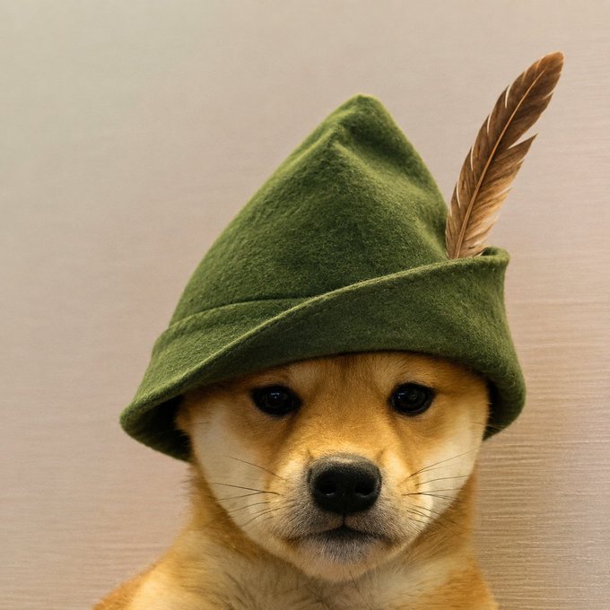 A golden dog wears a green felt Robin Hood-style hat adorned with a brown feather, embodying the "ROBIN" street dog mascot described in the post. The image visually represents the post's theme of ROBIN stepping up as the authentic outlaw figure in contrast to the fake "$VLAD" king that was briefly launched by a hacker.