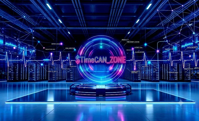 A futuristic, neon-lit digital stage displaying a central circle with the text '$TimeCAN_ZONE' surrounded by data charts.