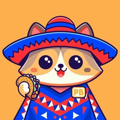 A cartoon mascot character of a corgi or similar dog wearing a colorful sombrero, a blue poncho with geometric patterns, and holding a taco, with a 'PB' badge on its chest.