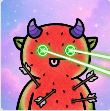 The image features a cartoon character that appears to be a watermelon with green eyes, horns, and red lips. It has a tongue sticking out from its mouth. There are arrows pointing at the watermelon, suggesting an ongoing action or encounter between the character and something in the scene. The post mentions that these OGRE NFTs have grown into a community, which might indicate that there is positive feedback on the sale of this particular piece. It also describes the watermelon as minted with a market cap around $50K, implying that it holds some value or popularity within its community.