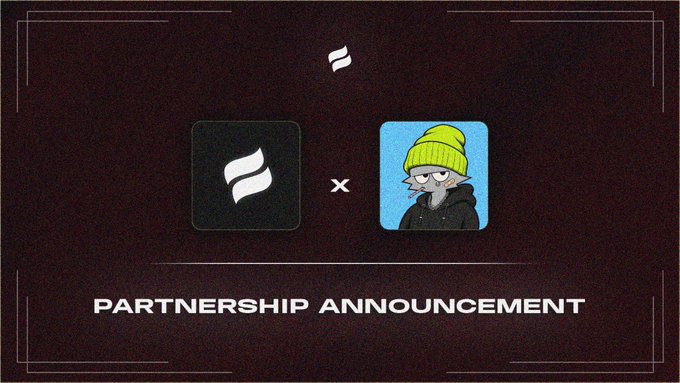 A 'PARTNERSHIP ANNOUNCEMENT' graphic showing a white stylized 'S' logo next to an 'x' and a cartoon character wearing a yellow beanie.