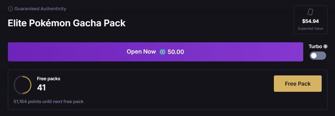 A dark-themed gacha pack screen titled 'Elite Pokémon Gacha Pack' with a Guaranteed Authenticity badge, an 'Open Now 50.00' button priced against an Expected Value of $54.94, a Turbo toggle, and a Free packs counter at 41 with 51,164 points until the next free pack.