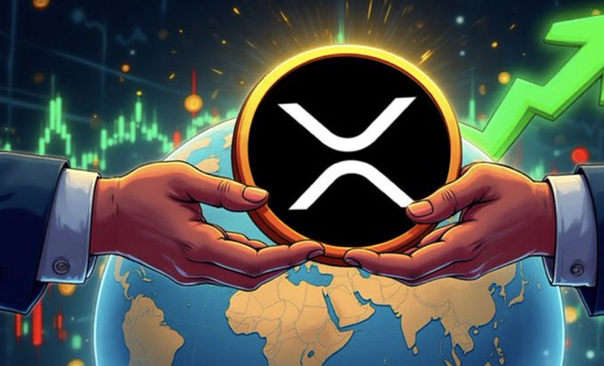 Two hands holding the XRP cryptocurrency coin above a globe, set against a background of green stock market candlestick charts and a rising arrow.
