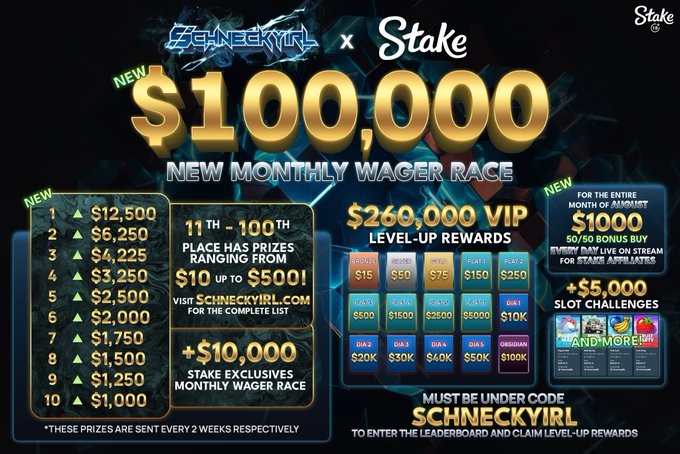 The image is a promotional graphic for a "Schneckyirl x Stake" partnership featuring a $100,000 New Monthly Wager Race, with the accompanying post highlighting increased rewards including $260k rank-up rewards, $5k+ slot challenges, a $1000 50/50 bonus buy, $50k+ monthly live-stream tips, and $10k+ monthly channel point raffles available to players who wager under the code "SCHNECKYIRL" without needing an affiliate code.