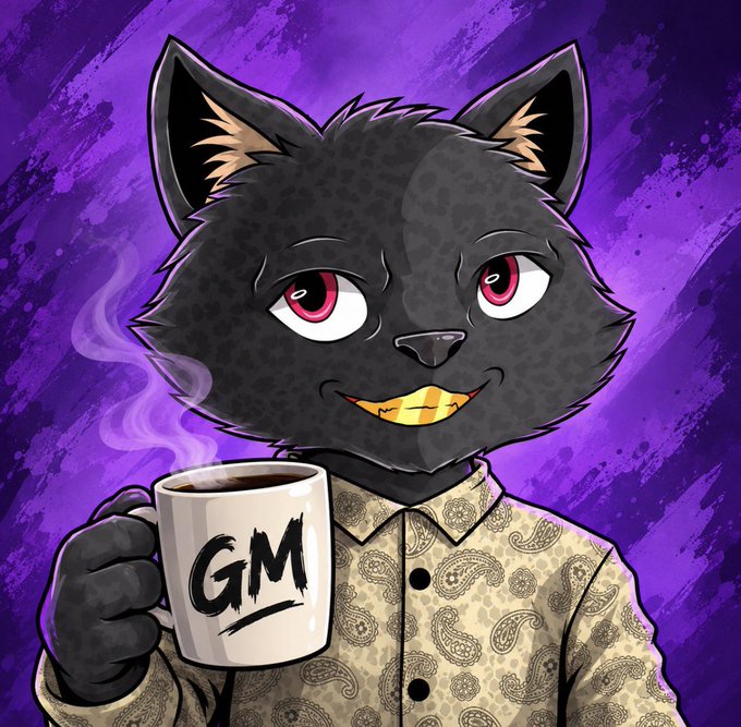 A digital illustration of an anthropomorphic black cat in a paisley shirt holding a steaming mug that says 'GM'.