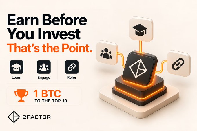A promotional graphic for 2Factor Finance featuring the tagline "Earn Before You Invest. That's the Point." alongside icons for Learn, Engage, and Refer, with a prize of "1 BTC TO THE TOP 10" and the 2Factor logo, visually reinforcing the message that rewards should come from education and engagement rather than capital deposits.
