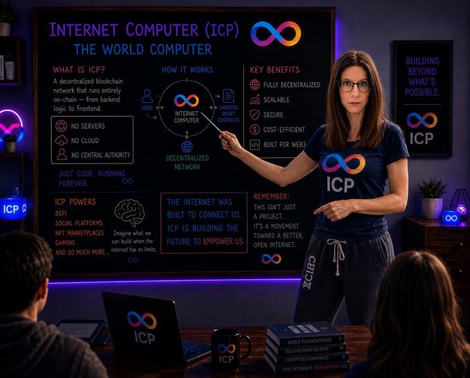 A woman stands before a blackboard presentation titled 'Internet Computer (ICP) - The World Computer,' explaining the decentralized blockchain network's benefits such as 'No Servers,' 'No Cloud,' and 'No Central Authority.'