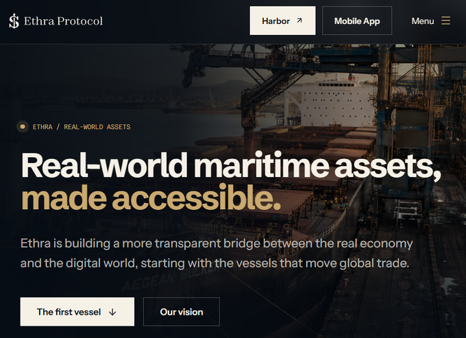 A website screenshot for 'Ethra Protocol' featuring the tagline 'Real-world maritime assets, made accessible' with navigation links for Harbor and Mobile App.