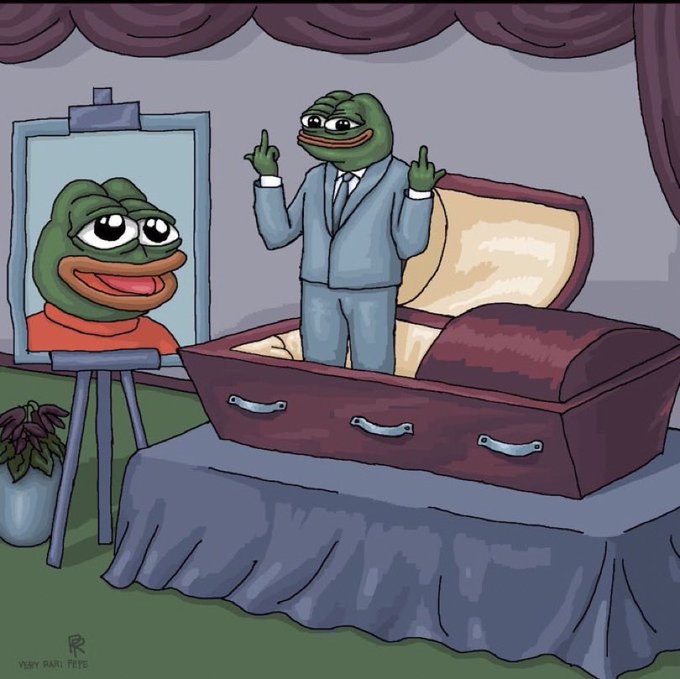A Pepe the Frog character in a blue suit stands inside an open coffin giving a double middle finger, next to a portrait of the iconic sad Pepe on an easel, with a small watermark reading "R" and "YERY RARI FEFE" in the bottom left corner. The meme plays on the idea that $PEPE is being declared "dead" or laid to rest by skeptics, only to defiantly flip the bird from beyond the grave, insisting the coin will return to new all-time highs despite the doubters.