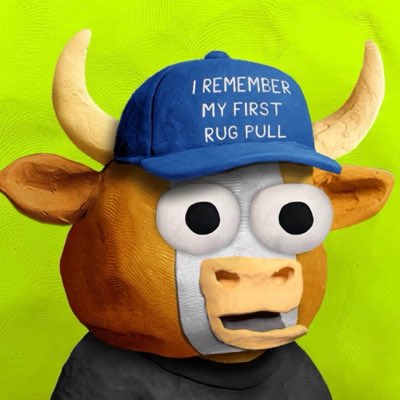 A cartoon bull mascot wearing a blue cap that reads "I REMEMBER MY FIRST RUG PULL" against a bright green background. The post humorously pairs the cap's text with a request to "rug me harder" while tagging @Brrrbon_, playfully leaning into the meme's reference to cryptocurrency rug pulls.