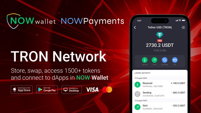 A promotional graphic for NOW Wallet and NOW Payments advertising the TRON Network, showing a mobile wallet interface displaying a Tether USD (TRON) balance of 2730.2 USDT, with App Store, Google Play, Desktop, and VISA/Mastercard logos.