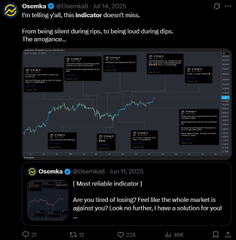 Two screenshots of X (Twitter) posts from Onsenkå (@OnsenKå), one showing a trading indicator chart with the caption 'this indicator doesn't miss' and another referencing 'Reliable Indicator'.