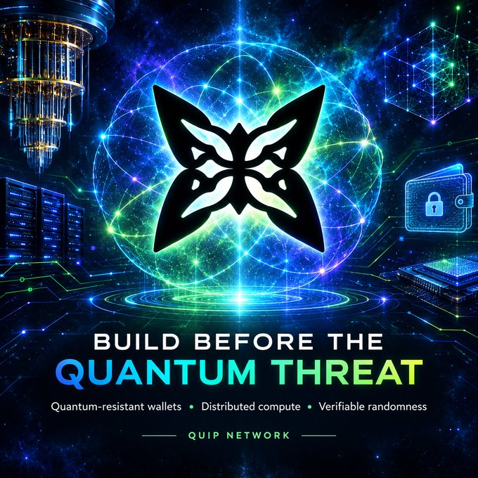 A promotional graphic with the text 'BUILD BEFORE THE QUANTUM THREAT' advertising QUIP NETWORK's quantum-resistant wallets and distributed compute features.