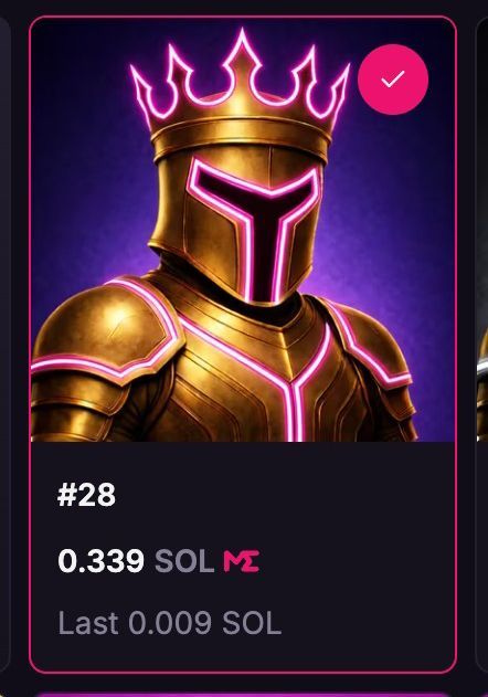 A digital card displays a golden knight wearing a crown and helmet illuminated with pink neon lights, priced at 0.339 SOL with a pink checkmark indicating selection.