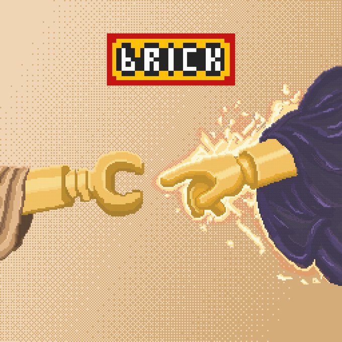 A pixel art image styled after Michelangelo's "Creation of Adam" shows two golden hands reaching toward each other, with energy crackling between their fingertips. Above the hands, a pixelated red and yellow logo reads "BRICK," referencing the post's theme of building the XRP community and blockchain "brick by brick" with XRP NFTs.