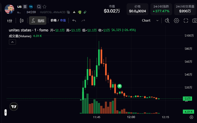 A TradingView chart for 'unites states' (ticker: HzQTCGL4MeACD) showing a market cap of $3.02万, price $0.043024, and a dramatic 24-hour rise of +377.47%, with volume at 4.01K.
