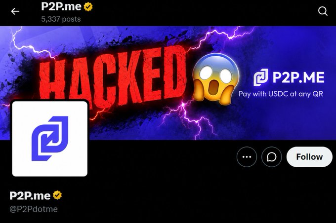 A screenshot of the P2P.me Twitter profile showing a banner that reads 'HACKED' with a shocked face emoji, while the profile description states 'Pay with USDC at any QR'.