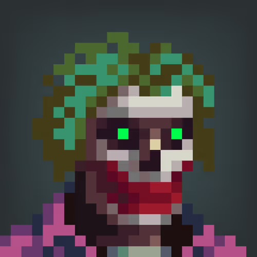 A pixel art portrait of a skeleton with green hair, glowing green eyes, and a red scarf against a dark teal background.