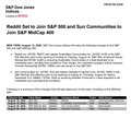 A snippet of an S&P Dow Jones Indices headline appears to read "Reddit Set to Join S&P 500 and S&P Commensurate to Join S&P MidCap 400," relating to the post about $RDDT being added to $SPY.
