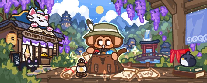 A pixel art scene from Kiffune's Thriftnest showing a cute explorer character in safari gear writing at a desk, with a lucky cat, lanterns, and a mountain backdrop.