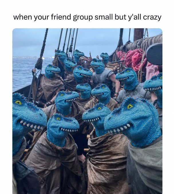 A group of people on a ship all wear blue dinosaur masks with the caption "when your friend group small but y'all crazy." The uniform dinosaur masks and chaotic energy humorously parody a small but unified (and unhinged) crew — fitting for a meme bragging about adding more $FEFER to the bag.
