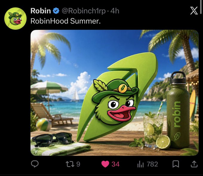 The image is a social media post from Robin (@Robinch1rp) with the text "RobinHood Summer," featuring a green Robin Hood-themed mascot duck wearing a feathered hat, posed on a beach with palm trees, a tropical drink, sunglasses, and a green water bottle branded "robin." The post hints at a playful summer campaign from the $ROBIN team, shared 4 hours prior, coinciding with a "RobinHood Summer" tweet from Vlad Tenev, sparking speculation.