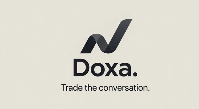 The image displays the Doxa logo—a stylized "N"-shaped symbol—along with the brand name "Doxa." and the tagline "Trade the conversation." This directly reinforces the post's promotion of $DOXA as a utility token tied to conversation-driven trading, aligning with the author's intent to spotlight the project on Robinhood Chain.