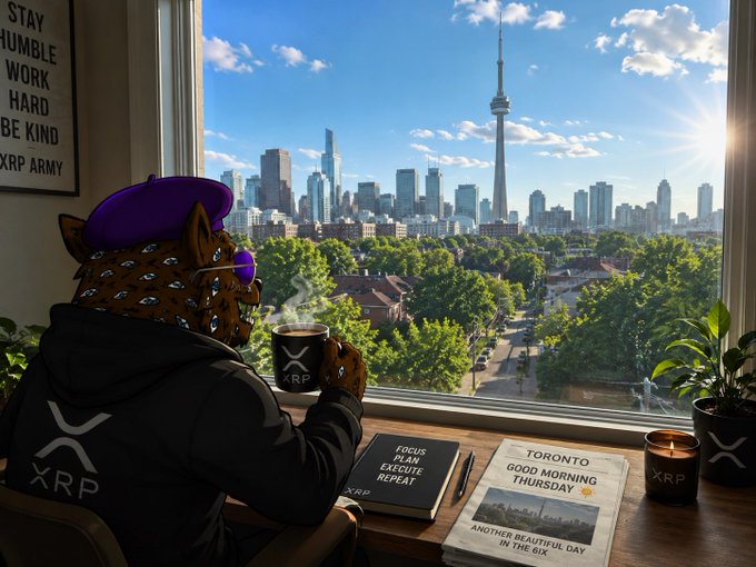 A stylized illustration of an anthropomorphic leopard wearing a purple cap and XRP-branded hoodie, holding an XRP mug while looking out a window at the Toronto skyline, with 'STAY HUMBLE WORK HARD BE KIND XRP ARMY' on the wall.