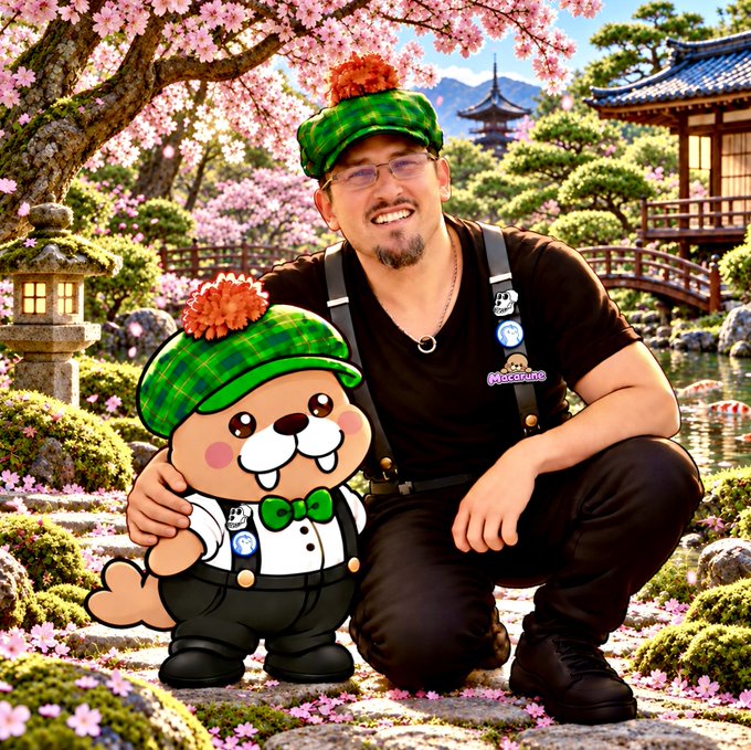 An illustrated scene of a man with a goatee wearing a green plaid cap and black shirt with suspenders, kneeling in a Japanese garden beside an animated character resembling the Japanese mascot Domo, both wearing matching green caps with orange pom-poms.