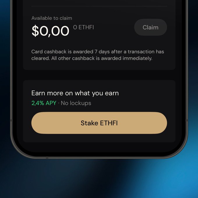 A mobile screen displays an EtherFi wallet interface showing "$0,00 / 0 ETHFI" available to claim with a disabled "Claim" button, noting that card cashback is awarded 7 days after transactions clear while other cashback is immediate, alongside a promotional section offering "2.4% APY · No lockups" to "Stake ETHFI," relating to the post about EtherFi Cash transitioning from USDC to ETHFI cashback rewards.
