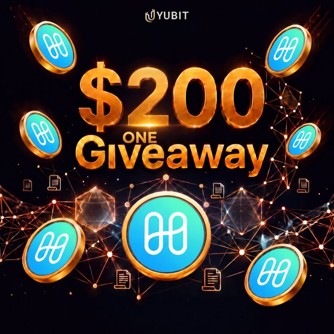 A Yubit promotional graphic featuring '$200 ONE Giveaway' in gold lettering surrounded by floating blue and gold cryptocurrency tokens against a dark, network-themed background.