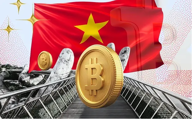 A Vietnamese flag waves behind two gold Bitcoin coins displayed on a bridge, symbolizing Vietnam's evolving regulatory journey with cryptocurrency from initial warnings to establishing a legal framework.