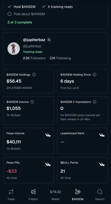 A mobile app dashboard showing $ANSEM token holdings, volume stats, and tracking information for @jupiterbaz.