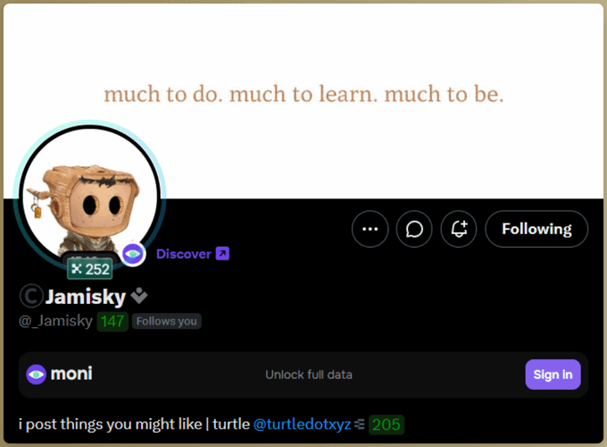 Social media profile for 'Jamisky' (@_Jamisky, Follows you) featuring a Funko Pop avatar, the tagline 'much to do. much to learn. much to be.', and a bio noting 'i pop things you might like | turtle @turtledotxyz'.