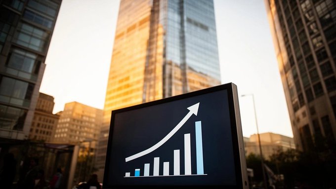 A digital display screen showing a rising bar graph with an upward arrow, set against a backdrop of sunlit glass office buildings in a city.