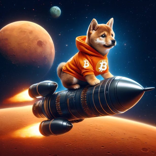 A Shiba Inu dog wearing an orange hoodie emblazoned with the Bitcoin "₿" logo rides a futuristic rocket through outer space, soaring above Mars with the moon visible in the background. The image playfully illustrates the post's reference to "$DOG" by depicting the dog-themed cryptocurrency mascot blasting off into the cosmos alongside Bitcoin, suggesting an interstellar crypto rally.