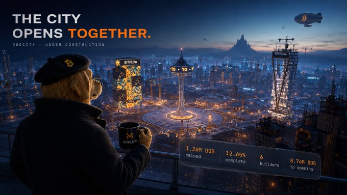 A promotional graphic for the 'DOGCITY' meme coin, with the tagline 'THE CITY OPENS TOGETHER. DOGCITY - UNDER CONSTRUCTION,' showing a dog overlooking a futuristic city, and stats: 1.26M DOG raised, 12.65% complete, 6 builders, 8.74M DOG to opening.