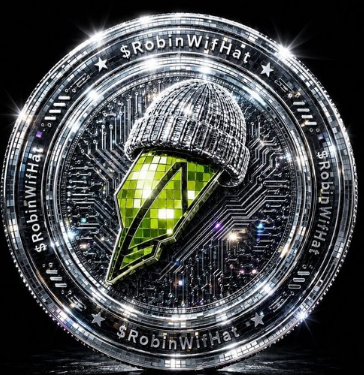 A shiny silver coin with circuit board detailing featuring a green pixelated hat with a lightning bolt, encircled by the text '$RobinWifHat'.