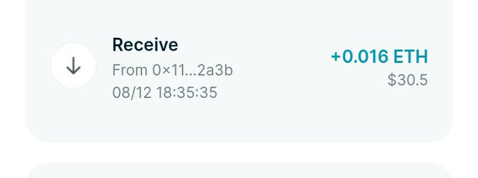 A screenshot of a cryptocurrency wallet transaction showing a 'Receive' of '+0.016 ETH' ($30.5) from address 0x11...2a3b dated 08/12 18:35:35.