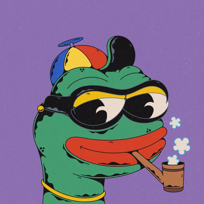 A vibrant cartoon illustration features a green frog character wearing a propeller beanie hat and dark sunglasses, smiling while smoking a pipe that emits small puffs of smoke, set against a purple background.