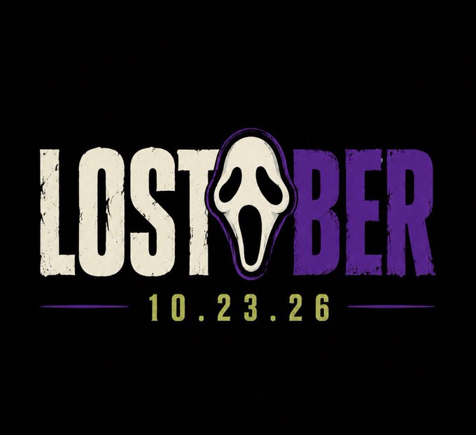 A promotional graphic with black background displaying 'LOSTOBER' in white and purple text, featuring the iconic Ghostface mask from Scream, dated 10.23.26.