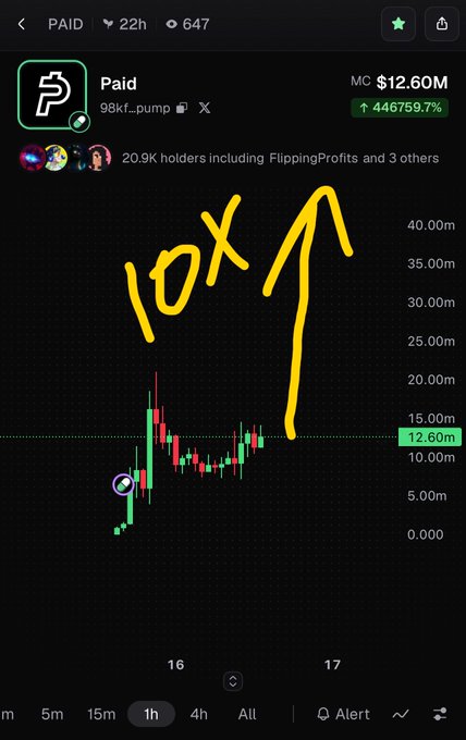 A trading chart for the token 'Paid' showing a market cap of $12.60M with a 446759.7% increase, with hand-drawn yellow arrows and '10X' text overlaid pointing upward from the candlestick chart.