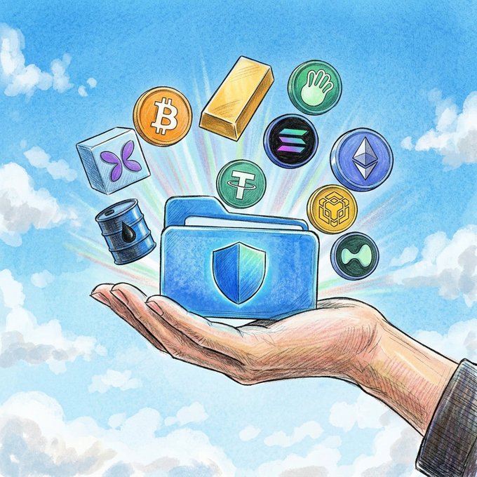 A colorful cartoon illustration of a hand holding a blue digital wallet, surrounded by various cryptocurrency coins and a gold bar floating in a sky background.