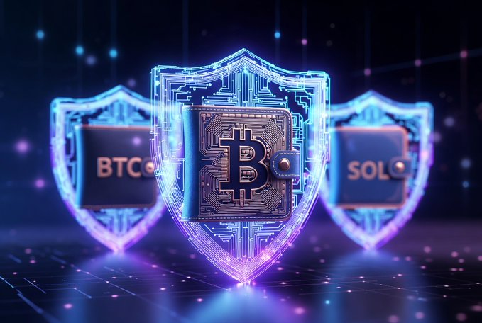 The image displays three glowing, holographic shields labeled "BTC," "SOL," and a central Bitcoin wallet symbol, representing quantum security protection for major blockchain networks. This visually reinforces the post's message about @quipnetwork safeguarding Bitcoin, Ethereum, and Solana from future quantum threats.